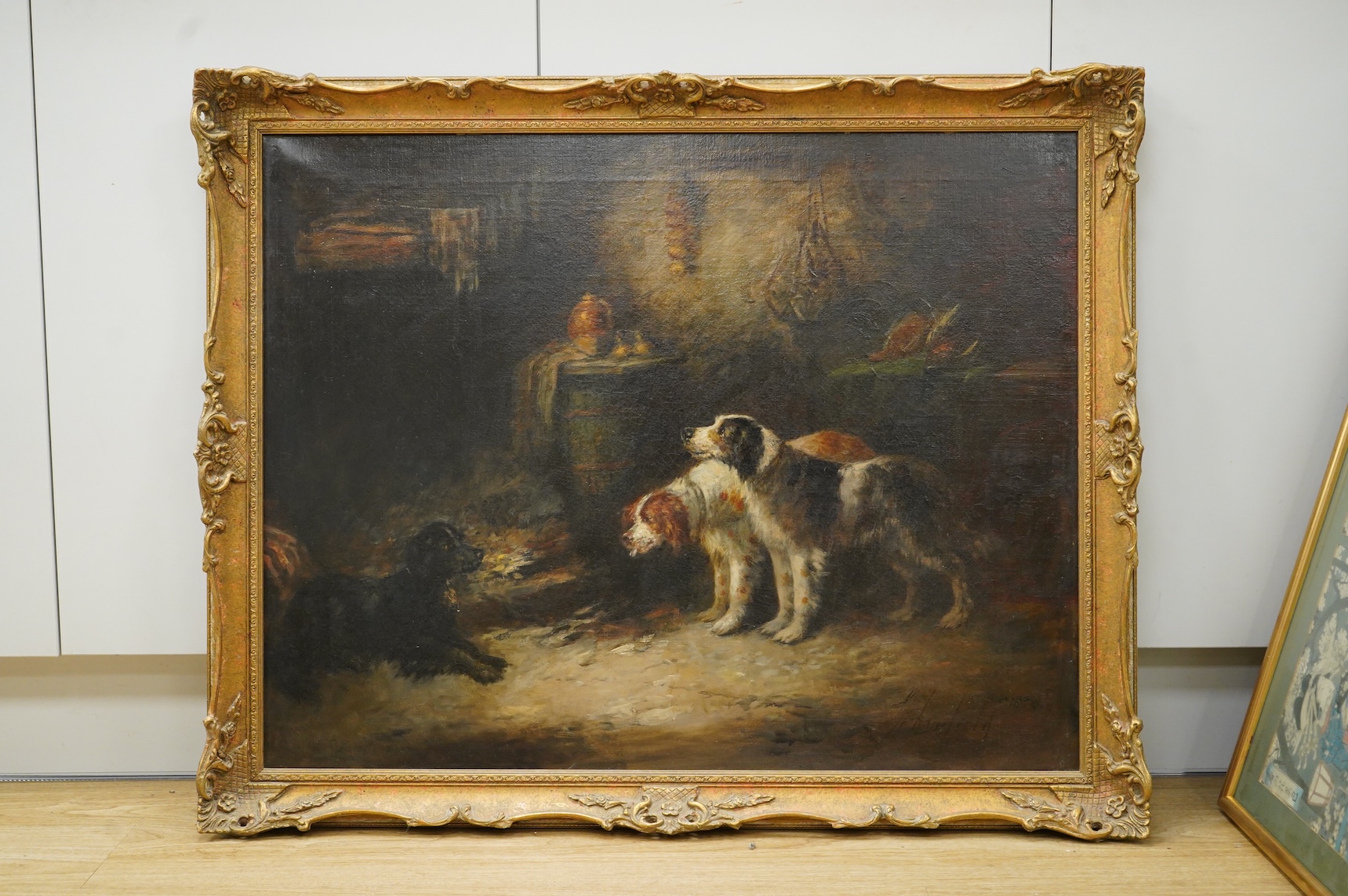 After George Armfield (1808–1893), Hounds in an interior, bears signature, oil on canvas, 62 x 80cm, ornately framed